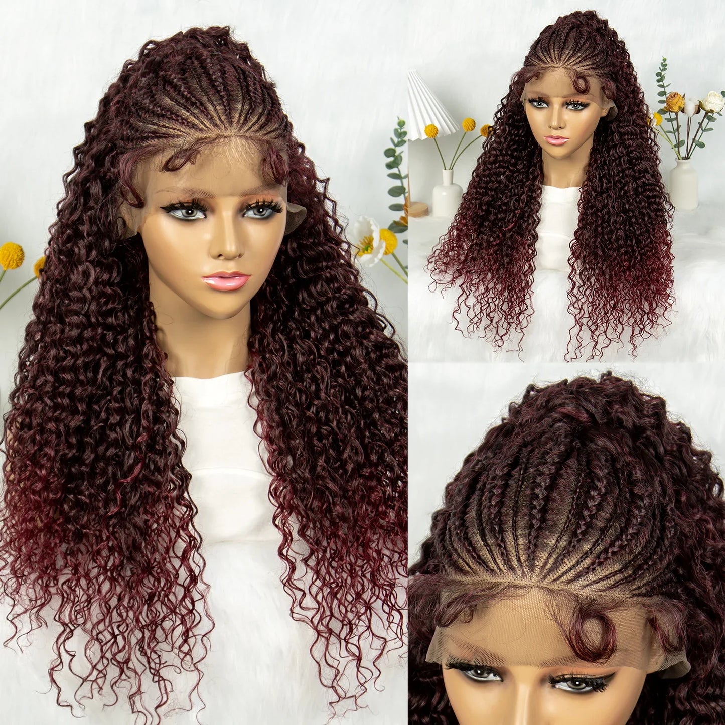 Kima Synthetic Cornrow Braided Wig | 13x4 Lace Front | Ombre Ponytail | Curly Braids | Black Women