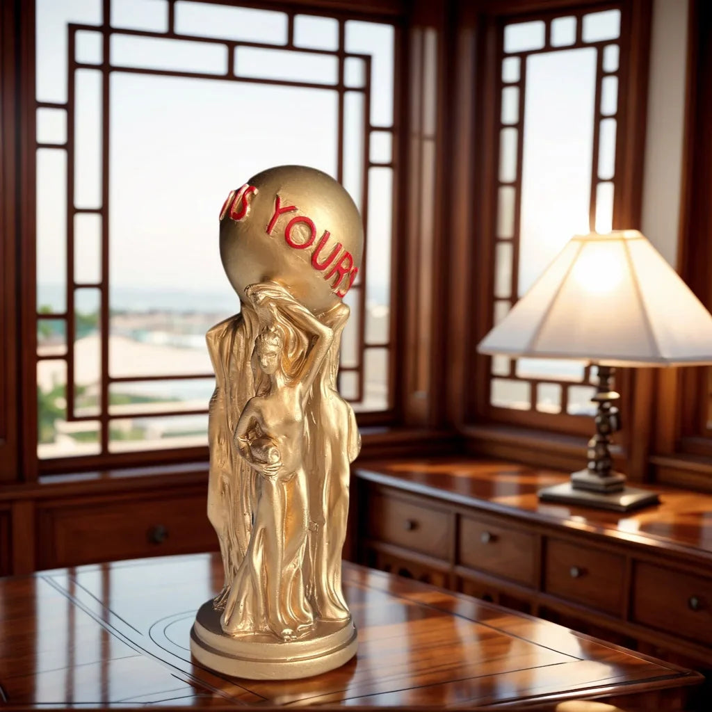 1 Piece of Light Luxury Three-Person Ball-Holding Art Ornament, Golden Texture, Ball Engraved with the World Is Yours, Inspirational Atmosphere Display Piece for Living Room Tabletop