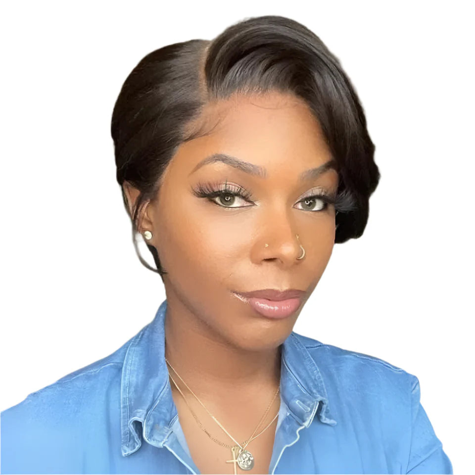 Natural Honey Color Pixie Bob Wig | Straight Human Hair with Bangs & Part Lace