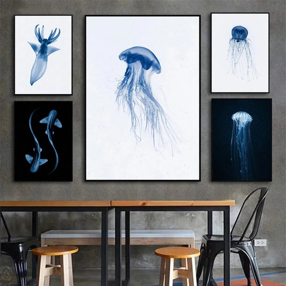 Retro Sea Animal Cyanea Jellyfish Squid Shark Minimalist A Poster HD Posters Home Room Bar Cafe Decor Art Wall Painting Picture