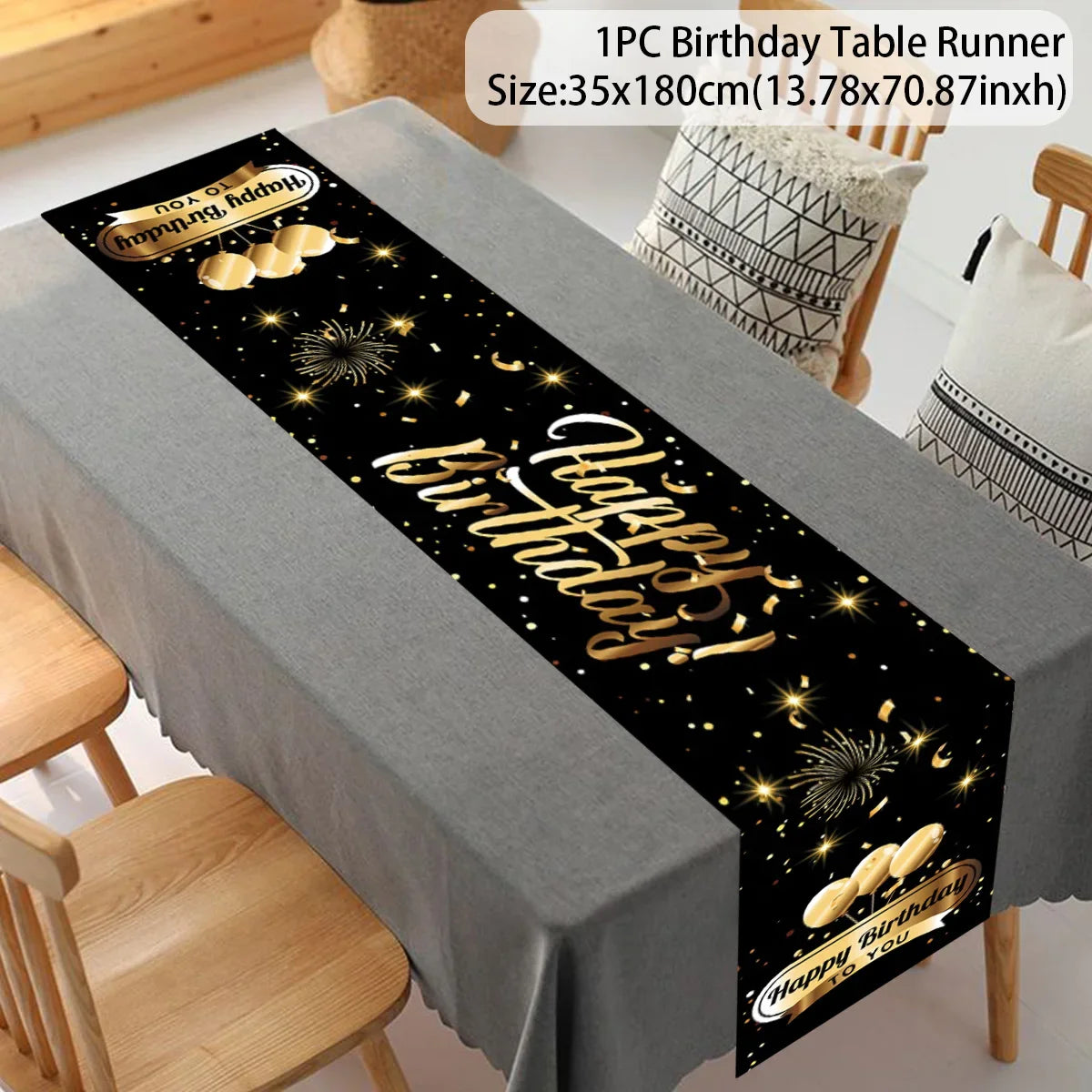 Black Gold Happy Birthday Table Runner 30th 40th 50th Birthday Party Decoration Adult  Anniversary Birthday Party Supplies