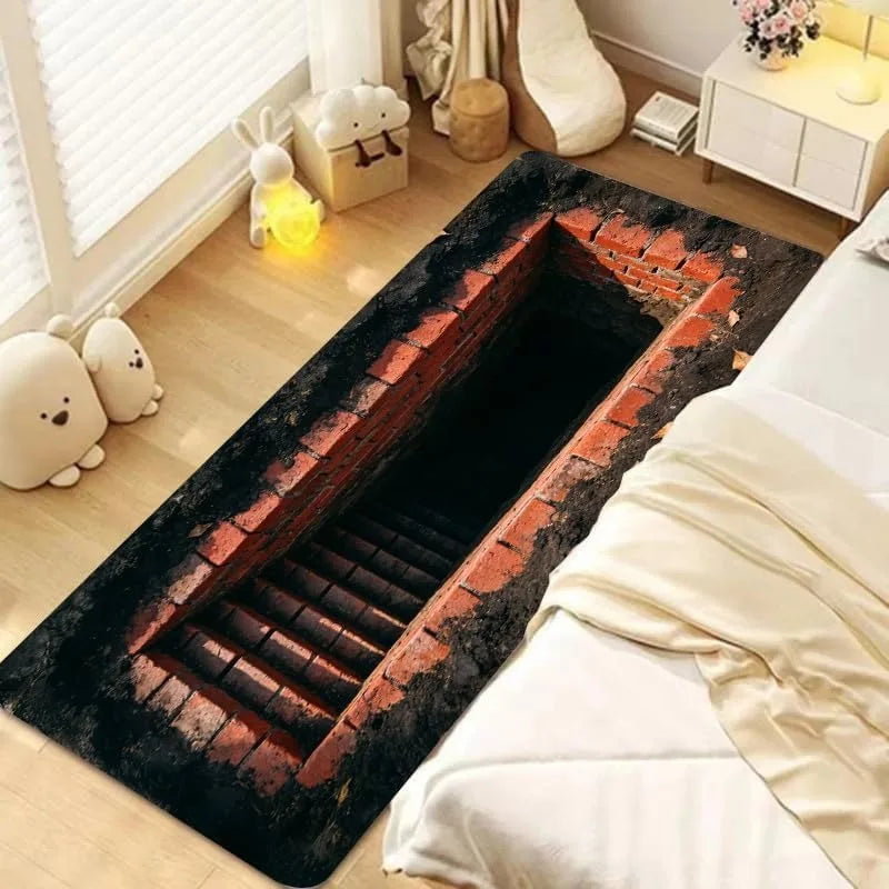 3D Optical Illusions Stone Staircase Pond Runner Rug Funny Hole Home Decor Floormat Non-Slip Soft Carpet for Hallway Living Room