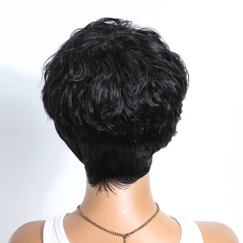 Pixie Short Cut Wavy Curly Human Hair Wig | Brazilian Remy Machine Made Wig for Women
