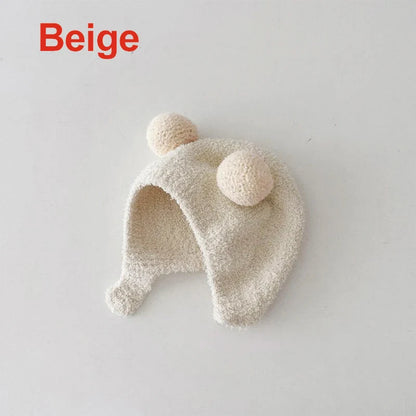 Cute Winter Warm Kids Girl Boys Baby Hats Fleece Wool Hemming Caps with Ball Solid Wool Ear Protection Hats Soft Newborn Bonnet