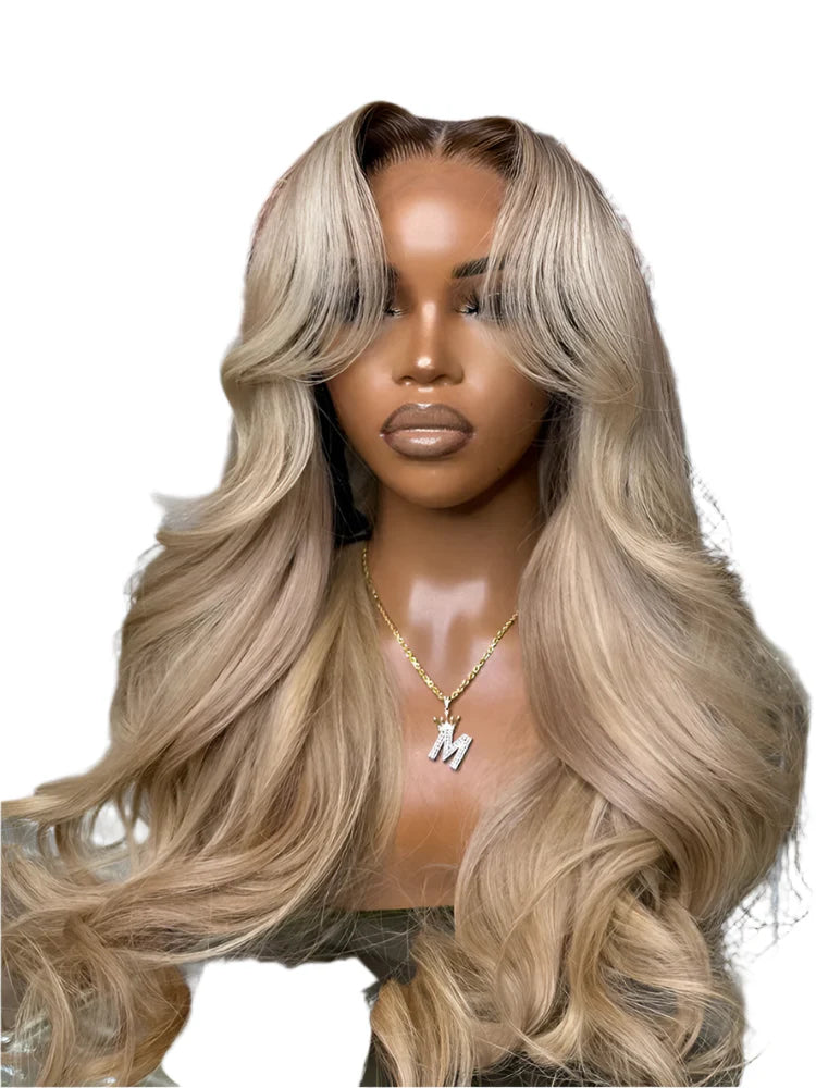 Ombre Ash Honey Blonde 13x6 Transparent Lace Frontal Wig | Dark Root Body Wave Human Hair