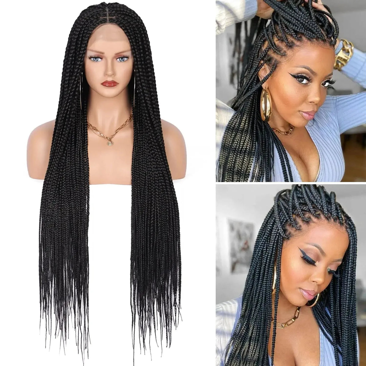 36" Ombre Burgundy Knotless Box Braid Wig | Full Double Lace Frontal | Baby Hair | Kanekalon Synthetic Wig for Women