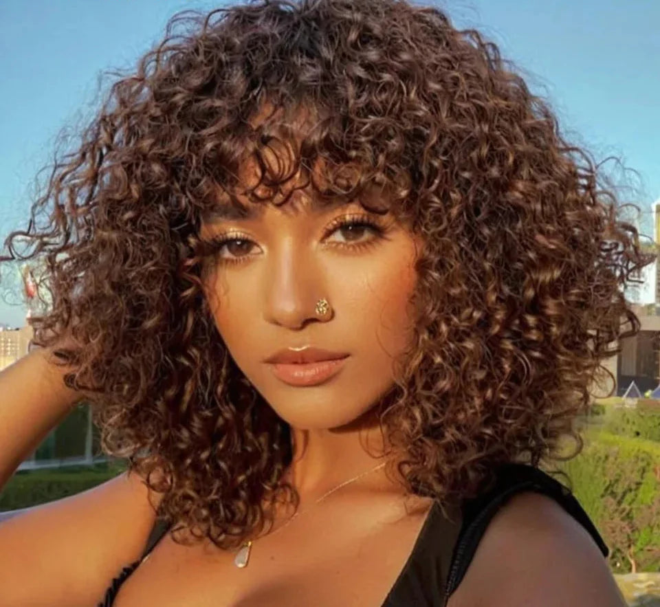 Jerry Curly Short Pixie Bob Wig with Bangs | Full Machine Made Remy Human Hair for Black Women