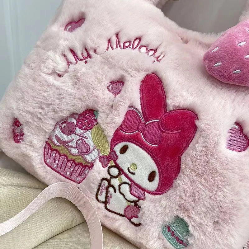 Kawaii Hello Kitty Plush Shoulder Bag | My Melody Cinnamoroll Kuromi Cute Cartoon Anime Handbag (Soft Storage Bag for Women & Girls)
