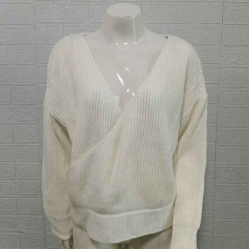 Sweater Women's Solid Color Long Sleeve Knitted Top  Autumn/Winter New V-neck Sweater Women