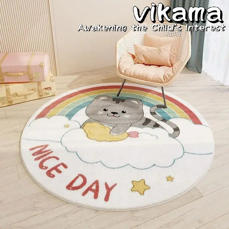 VIKAMA Cartoon Animal Imitation Cashmere Round Carpet Living Room Bedroom Bedside Sofa Decorative Carpet Anti-slip Washable Rug