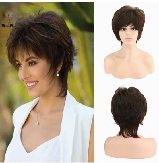 Short Brown Bob Wig with Bangs | Mixed Blonde Synthetic Natural Hair Wig for Women (Soft Mommy Hair, Daily Use)