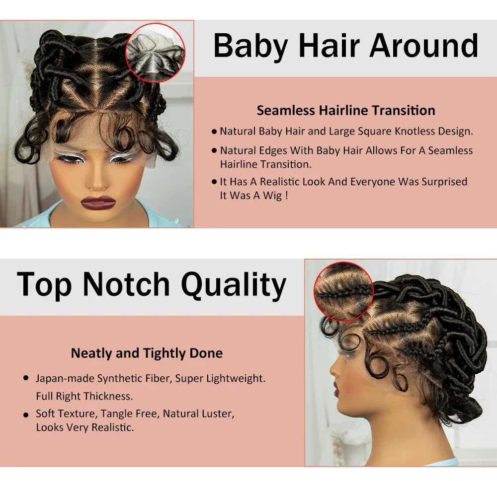 Burgundy Full Lace Synthetic Braided Wig | Knotless Box Braids & Bantu Knots | Lace Front Wig with Baby Hair for Black Women