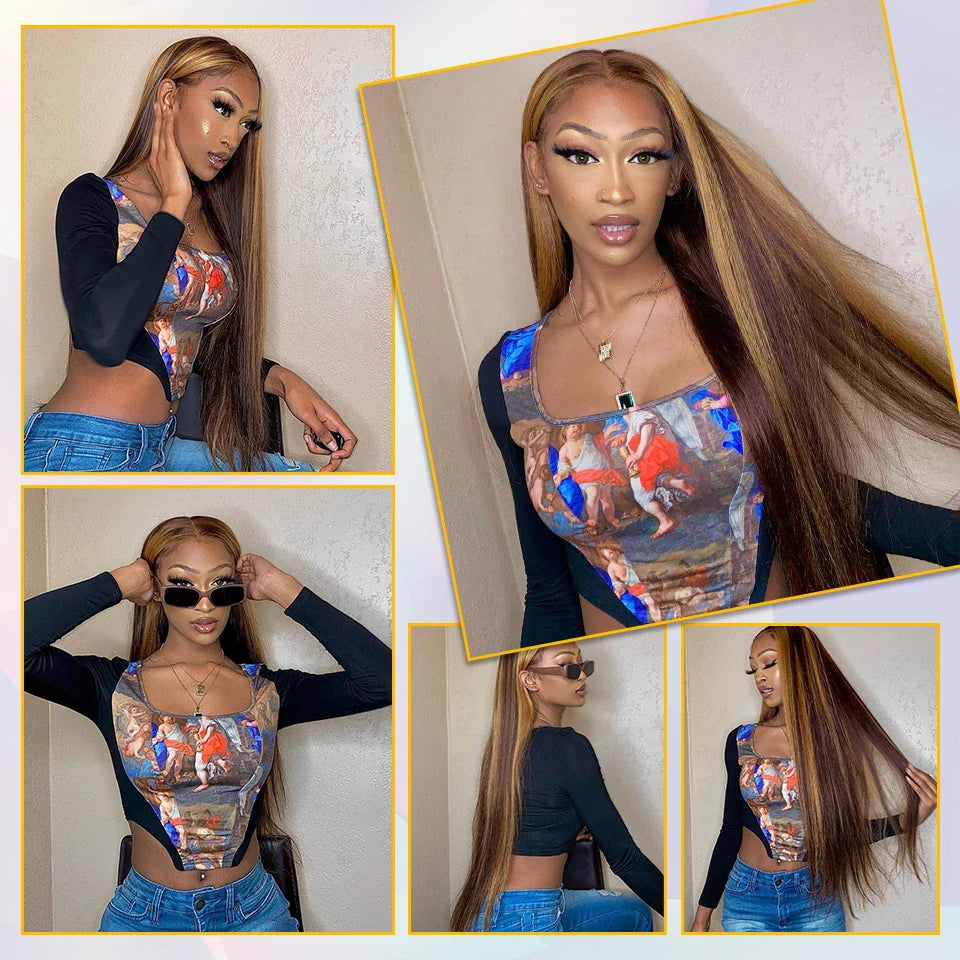 Highlight Glueless Human Hair Wig | Ready-to-Wear 200% Density Ombre Straight 13x6 HD Lace Frontal Wig (Pre-Plucked, Pre-Cut)
