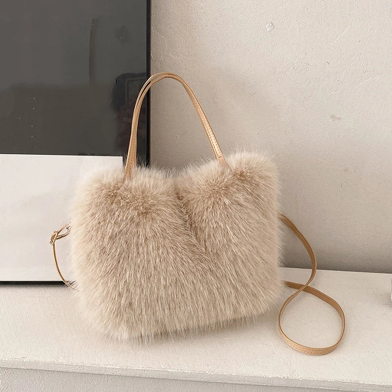 Faux Fur Tote Bag Women's | Bucket Plush Luxury Design Ladies Handbags & Soft Winter Crossbody Shoulder Bags (Bolsa Feminina)