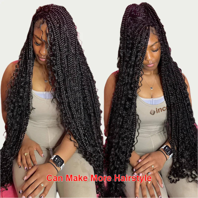 Boho Curly End Braided Full Lace Front Wig | Goddess Locs | Knotless Box Braids | Synthetic Bohemian Wig