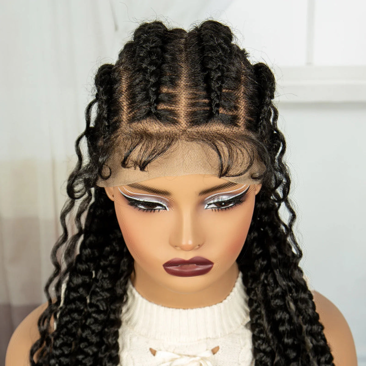 34" Cornrow & Twist Braids Wig with Curly Ends | Full Lace Frontal