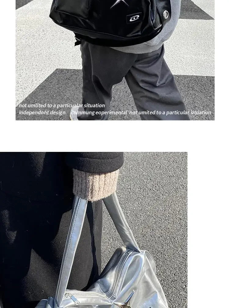 Silver Y2K Tote Bag for Women | Aesthetic Luxury Designer Large Capacity Shoulder Bag (Commuter PU Leather Shopper Handbag)