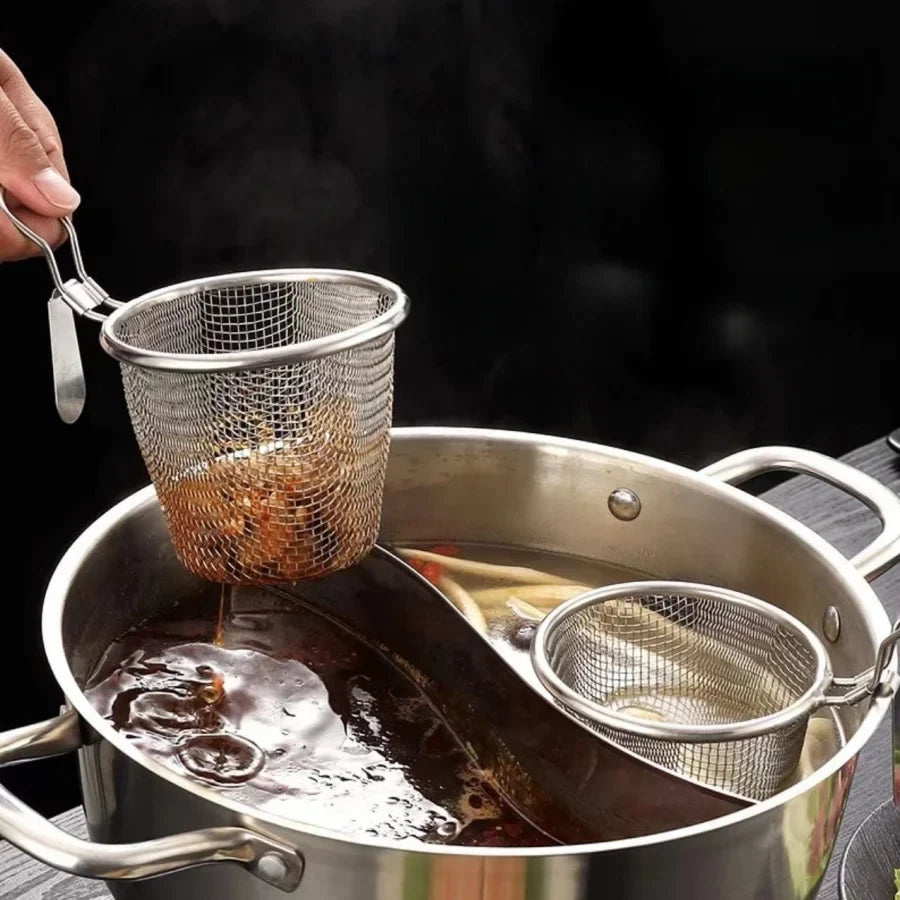 Stainless steel chafing dish, leaky spoon, household strainer, funnel, hook, instant boiled meat, fried Lo mein, boiled noodles