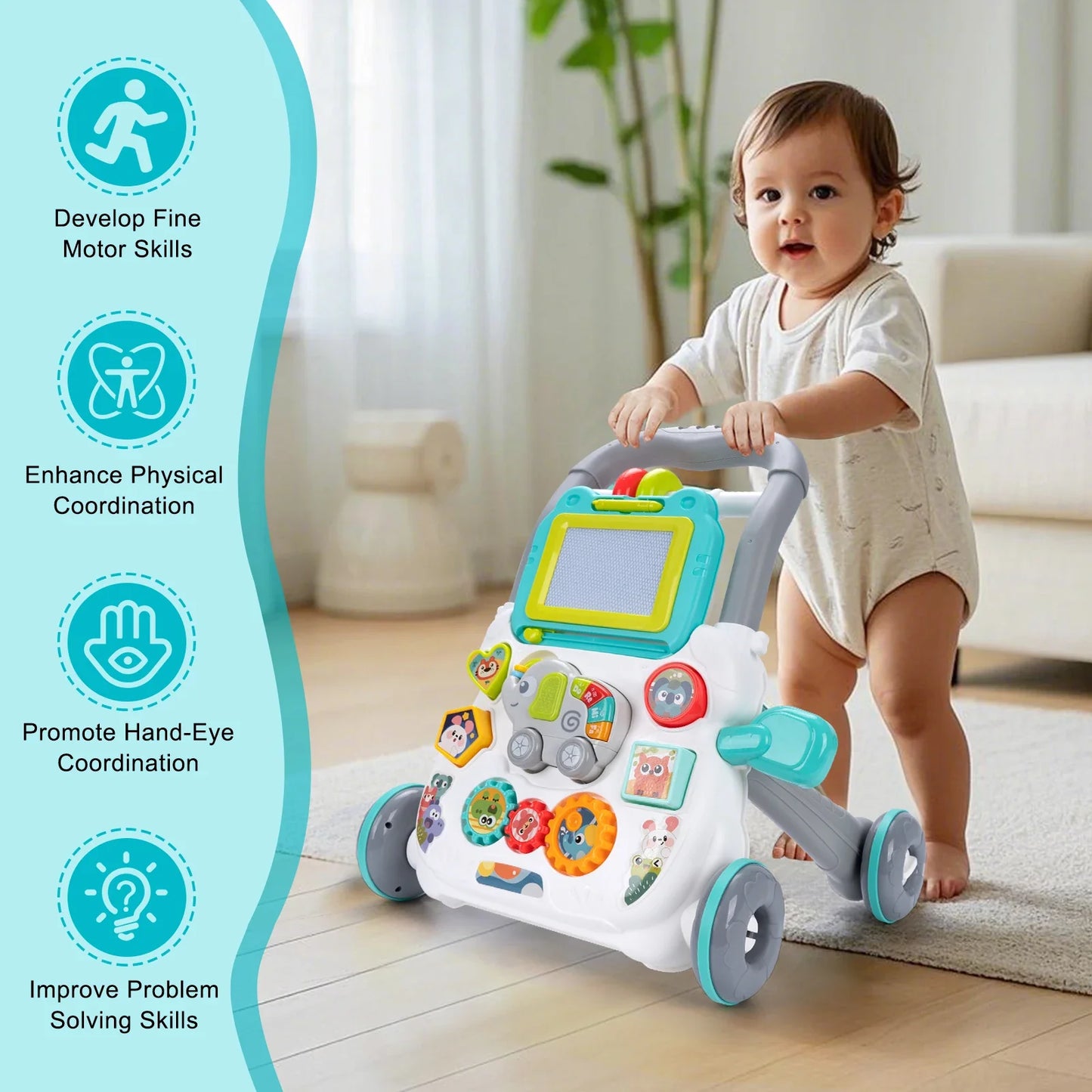 Cartoon Baby Push Walker Toy with Drawing Board Music Multifunction Activity Infant Learning Walk for 6-15 Months Toddler Walker