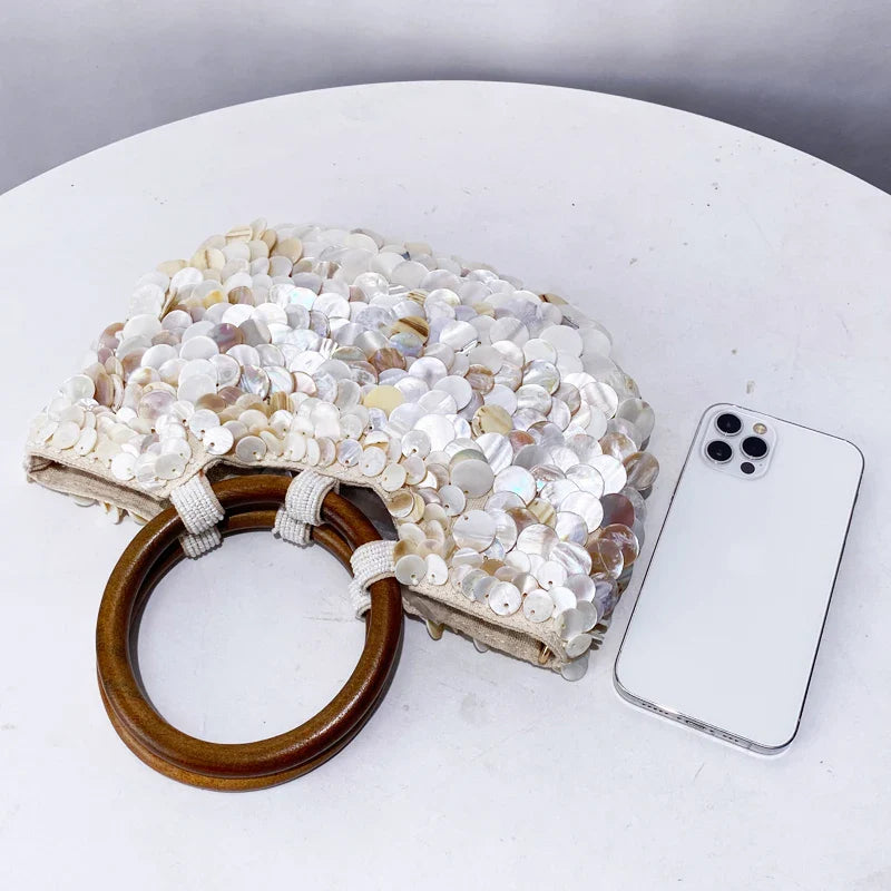 Small Shell Evening Bags for Women | Luxury Designer Handbag Purses & New Canvas Inlaid Acrylic Wooden Handle Chain Shoulder Bag