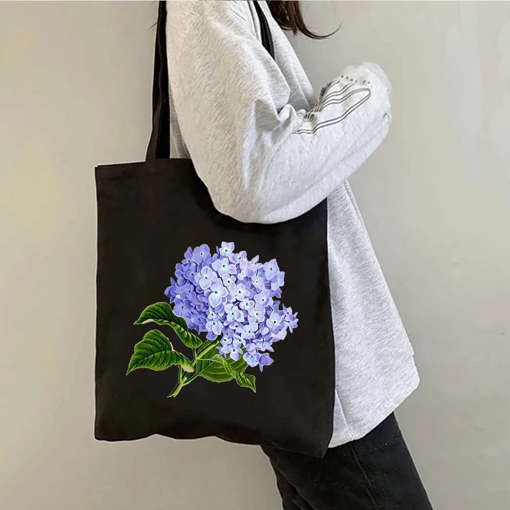 Succulove Floral Cotton Tote Bag | Large Capacity Handbag with Tulips, Hydrangeas, Sunflowers & More (Casual Shoulder Shopper, Eco-Friendly)