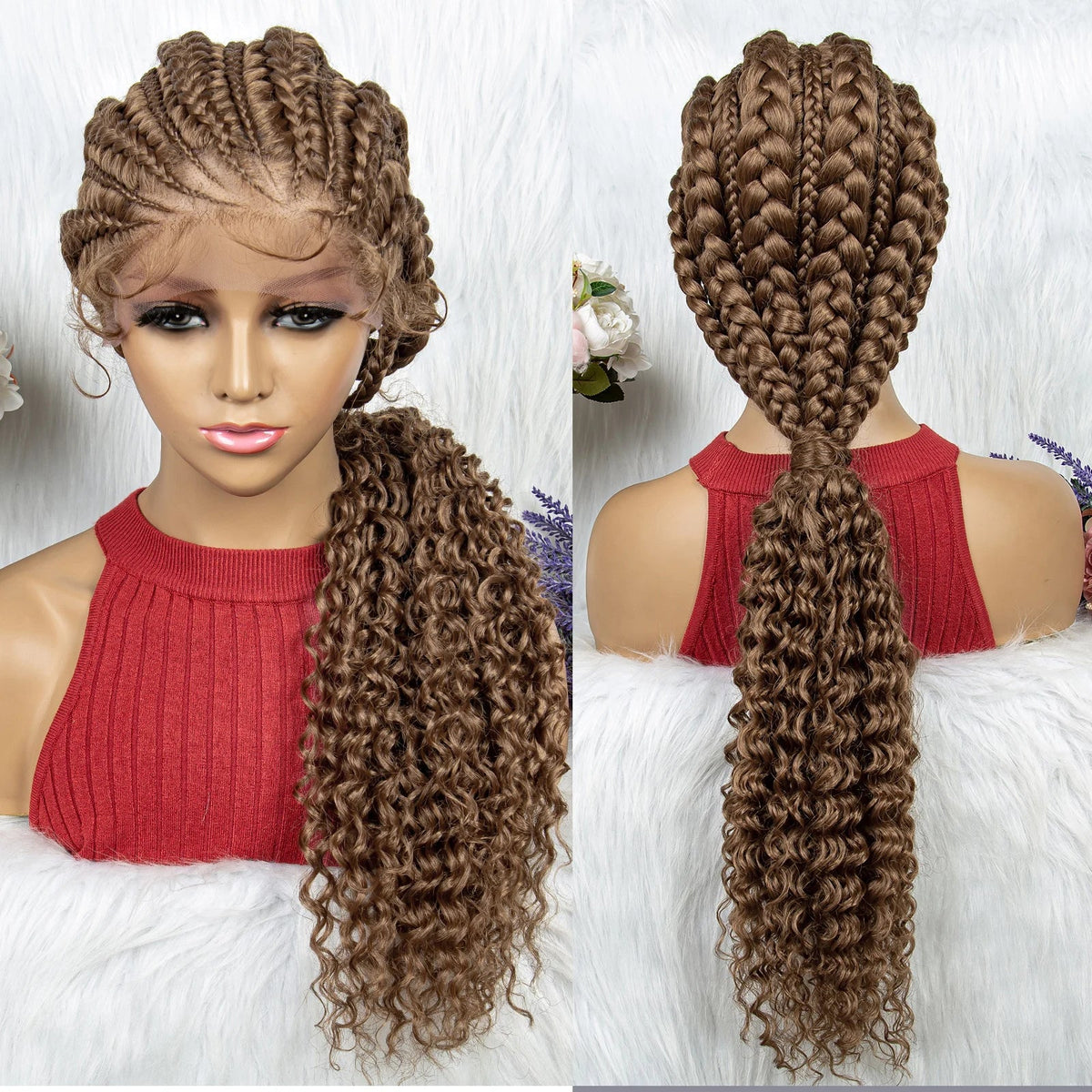 Curly Ends Cornrow Box Braids Wig | Handmade Lace Front | Baby Hair