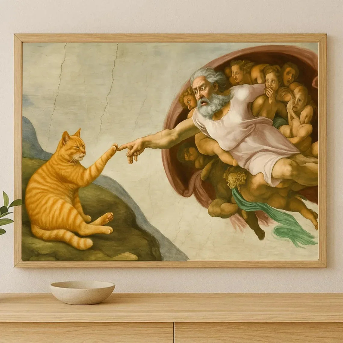 "Whimsical 'Creation of Adam' with Orange Cat Wall Print Decor - Classic Art Parody Poster for Eclectic Living Room, Quirky