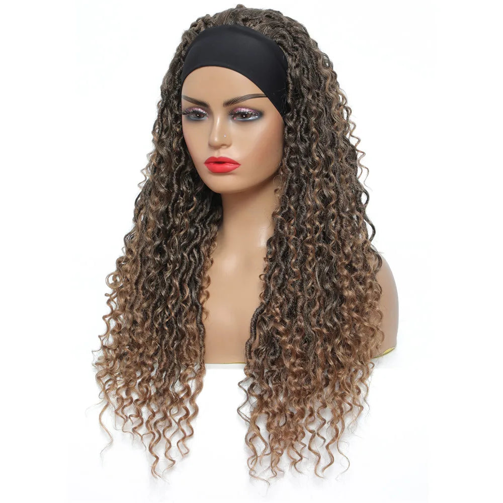 Product Title: 26" Ombre Brown Headband Braided Wig | Faux Locs with Curly Ends | Synthetic Dreadlock Wig