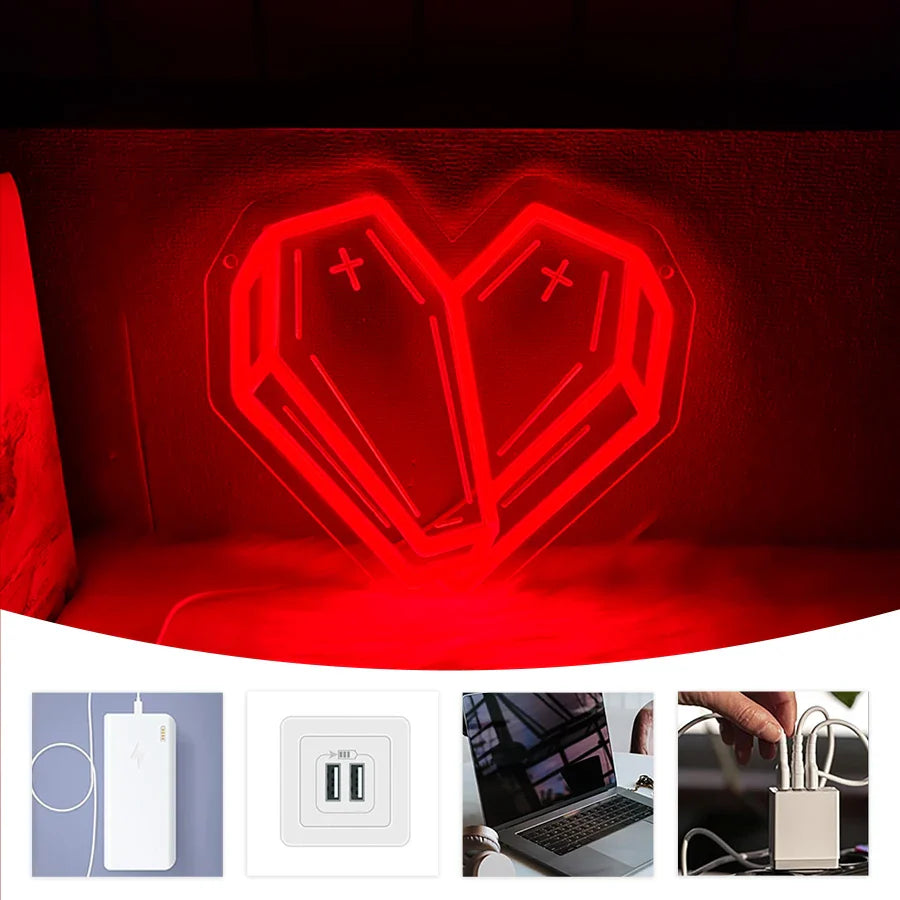 Halloween Neon Sign, Red Coffin Led Luminous Icon 3D Sculpture, Usb Powered, Used For Room, Horror Space, Game Room Decor.