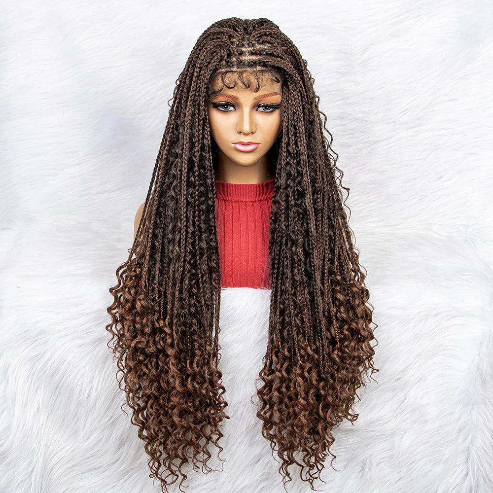 Curly End Box Braids Lace Frontal Wig with Baby Hair | Synthetic Full Lace Braided Wig for Black Women