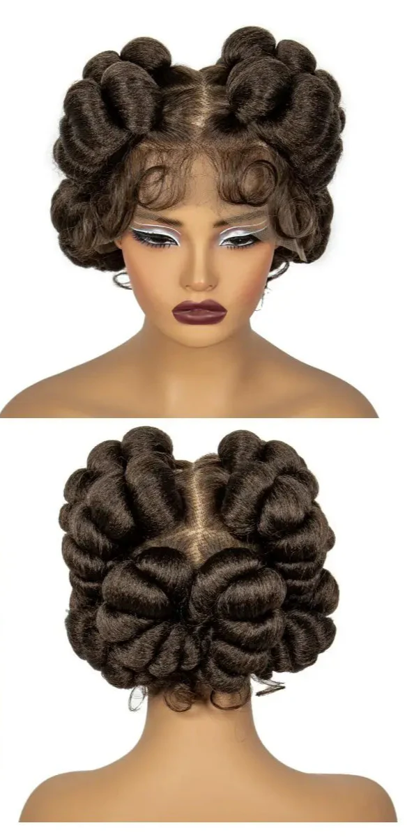 Short Cute Handmade Bantu Knotless Braided Wig with Baby Hair | Full Lace Synthetic Wig for Black Women