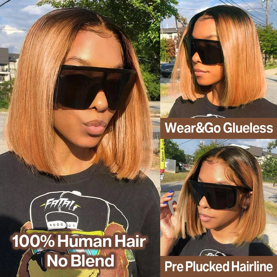 Ombre 1B/99J Burgundy & 1B/27 Honey Blonde Straight Bob Wig | HD Transparent Lace Front Human Hair (Glueless)
