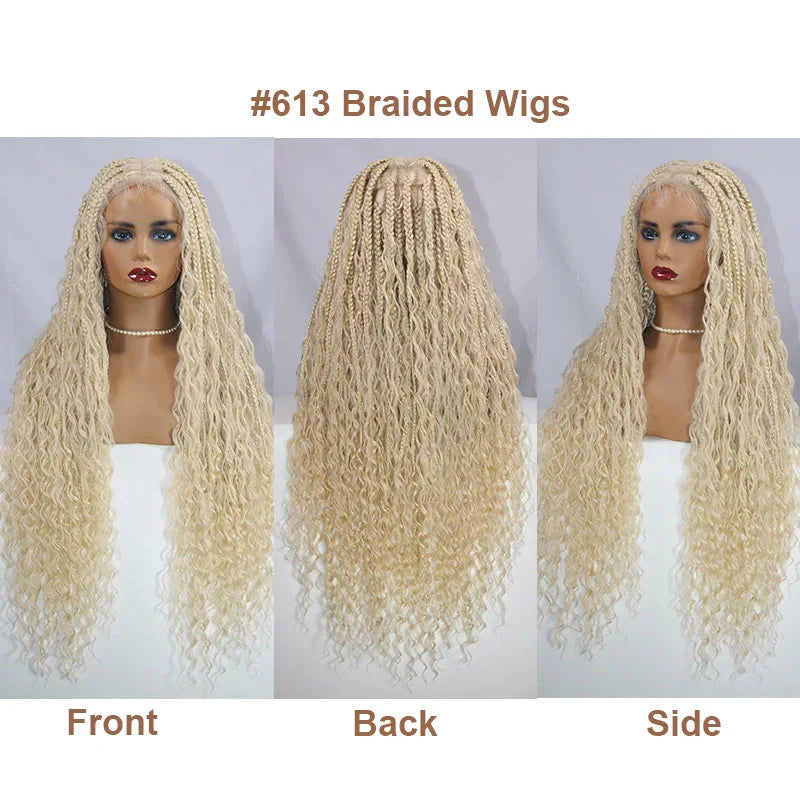 Boho Curly End Braided Full Lace Front Wig | Goddess Locs | Knotless Box Braids | Synthetic Bohemian Wig