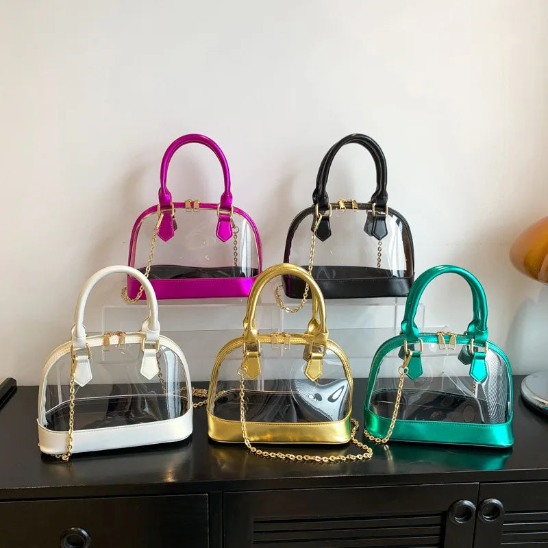 Transparent Jelly Women's Clutch Handbag | PU Leather Top Handle Metal Chain Crossbody Shoulder Tote Bag (Casual Messenger Purse)