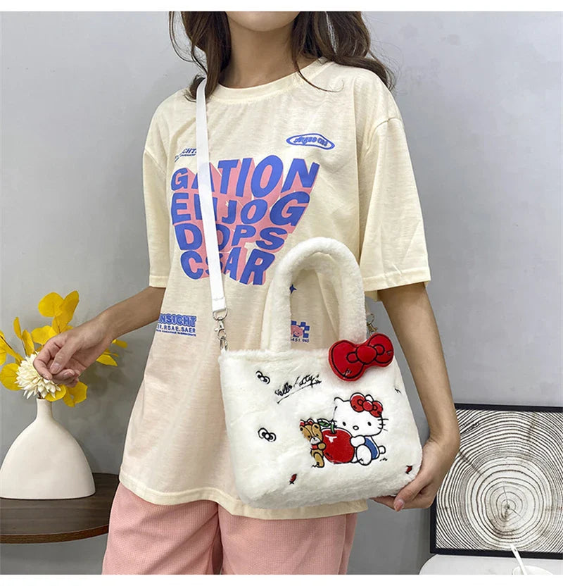 Kawaii Hello Kitty Plush Shoulder Bag | My Melody Cinnamoroll Kuromi Cute Cartoon Anime Handbag (Soft Storage Bag for Women & Girls)