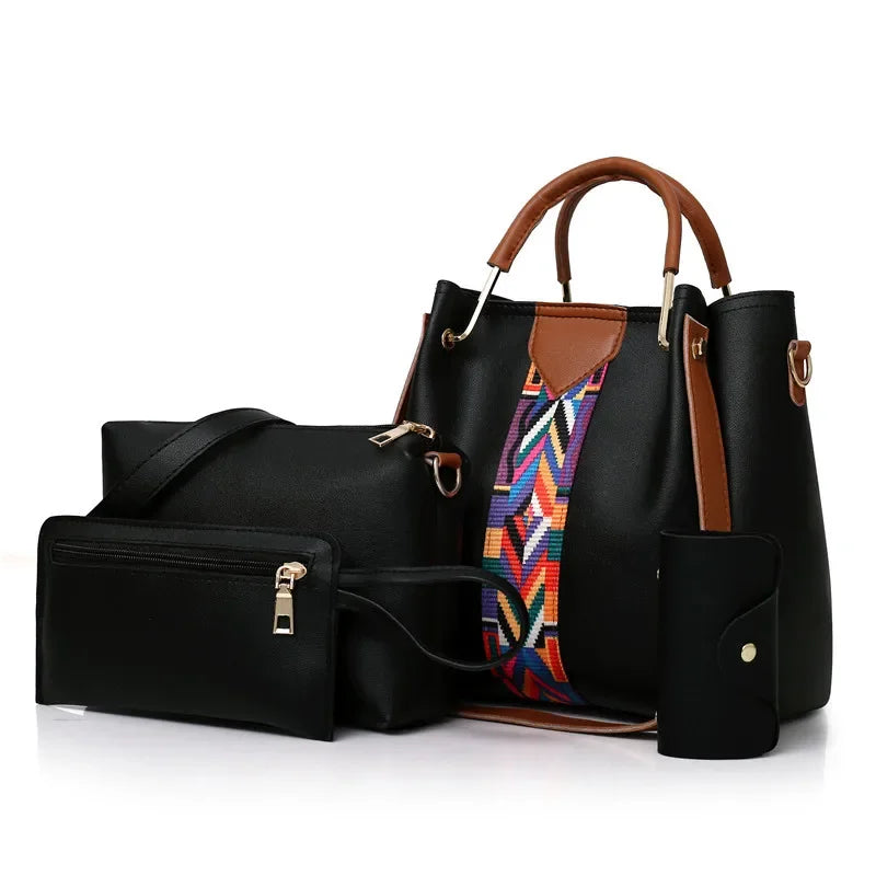 4 Pcs Luxury Handbag Set | Large Capacity Tote Bag, Fashion Shoulder Bag, Wallet & Card Case for Women (Patchwork)