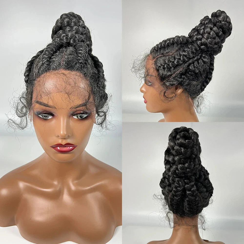 Lace Frontal Cornrow Braided Updo Wig with Baby Hair | Synthetic African American Style Braiding Wig