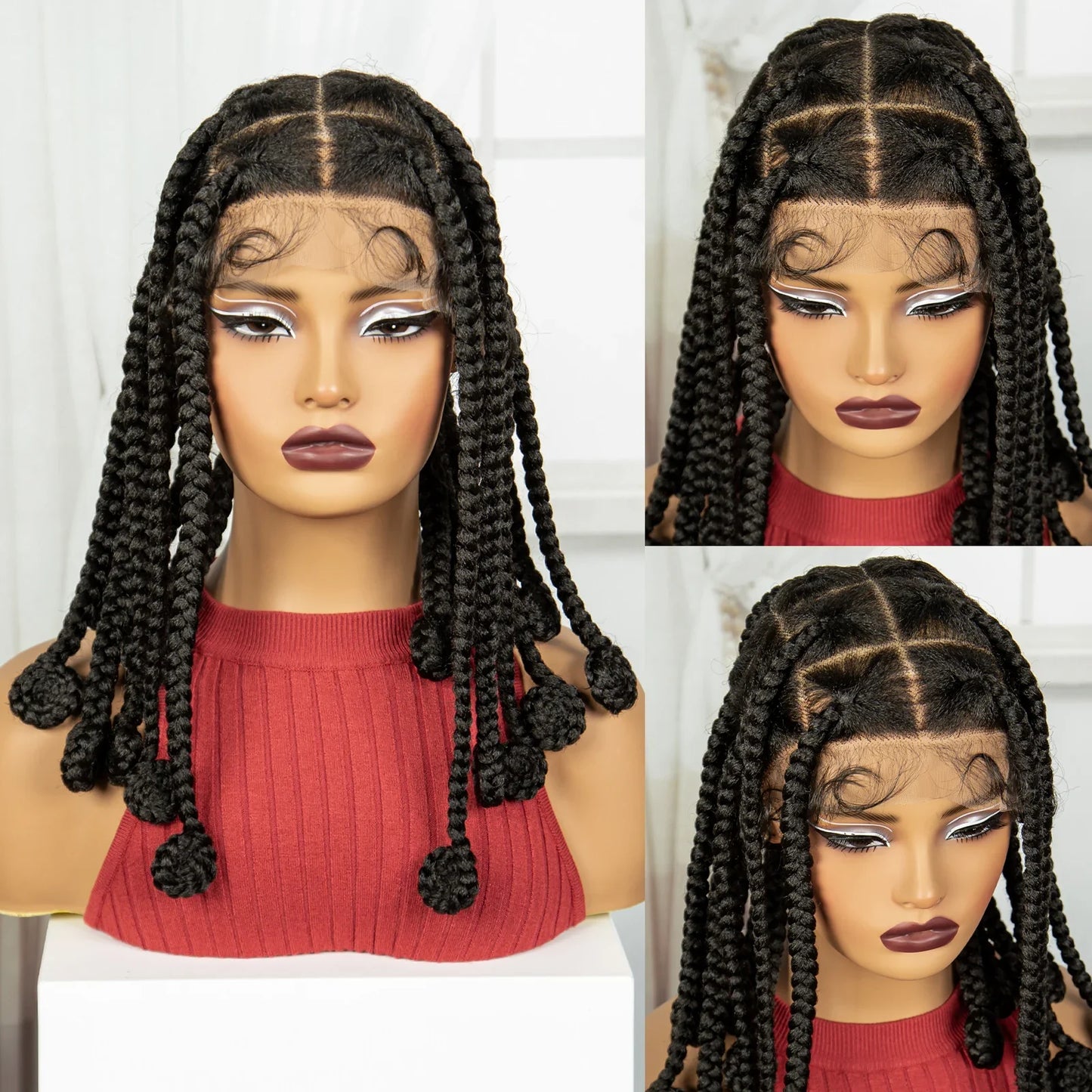 Blonde 12 Inch Synthetic Braided Wigs | Transparent Full Lace Bantu Knotless Box Braids with Baby Hair for Black Women