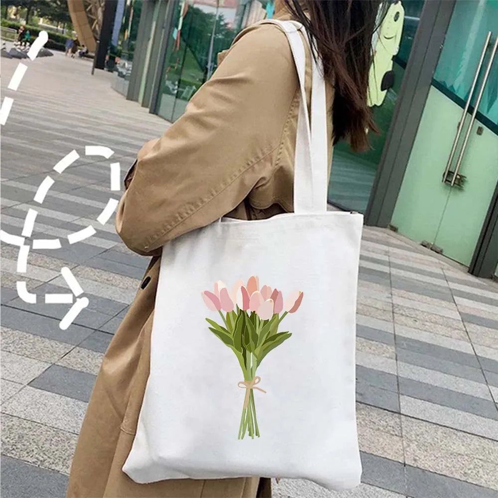 Succulove Floral Cotton Tote Bag | Large Capacity Handbag with Tulips, Hydrangeas, Sunflowers & More (Casual Shoulder Shopper, Eco-Friendly)