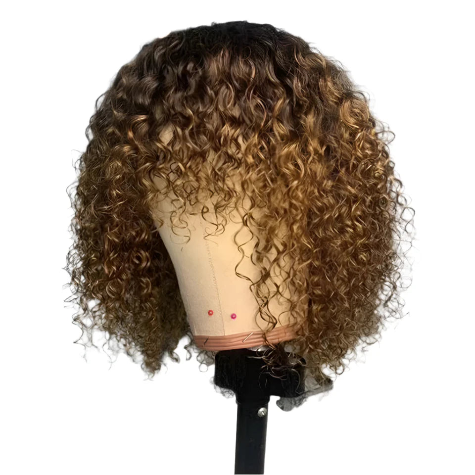 Highlight Honey Blonde Jerry Curly Bob Wig with Bangs | Non-Lace Front Human Hair
