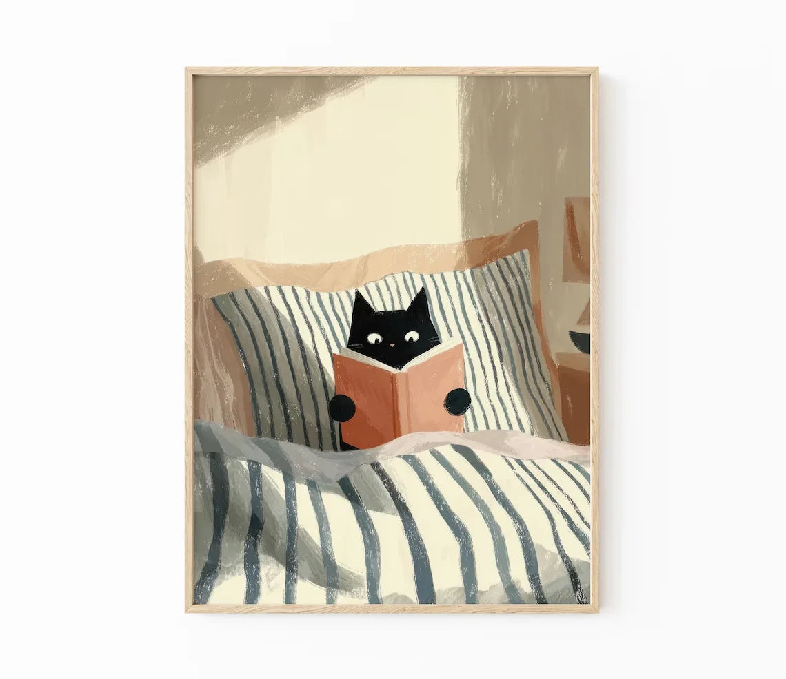 Cat Reading Print – Black Cat Wall Art, Cosy Bedroom Poster, Book Lover Cat Illustration, Cat in Bed Print, Reading Decor, Cat B