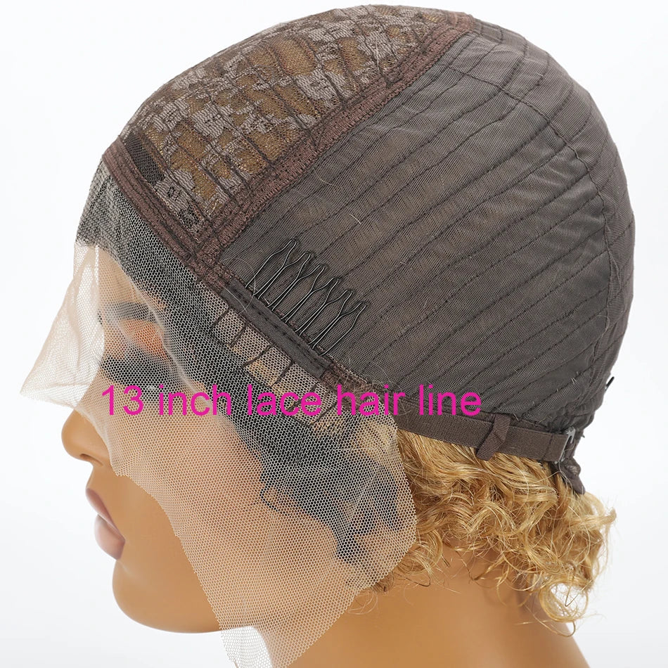 Ombre 1B/27 Pixie Cut Wigs Human Hair Curly Brazilian Virgin Hair 13x1 Transparent Lace Front Short Bob 180% Density