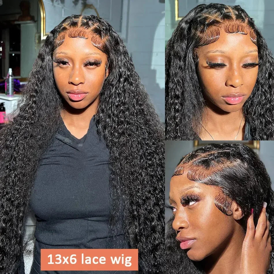 Deep Curly 13x6 HD Lace Frontal Wig | Water Wave Human Hair Wig 13x4 HD Lace Frontal Wigs for Women (Brazilian Remy Black Color)