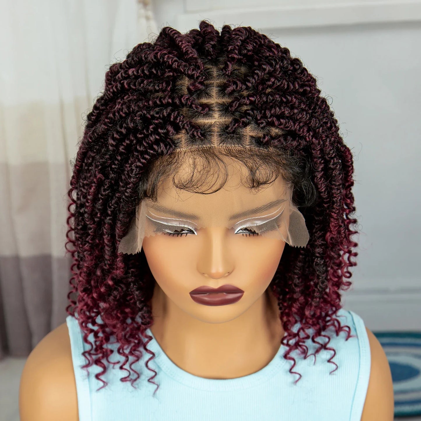 Knotless Box Braided Bob Wig with Curly Ends | Short Twist Braids | Synthetic Lace Front Wig | Handmade for Black Women