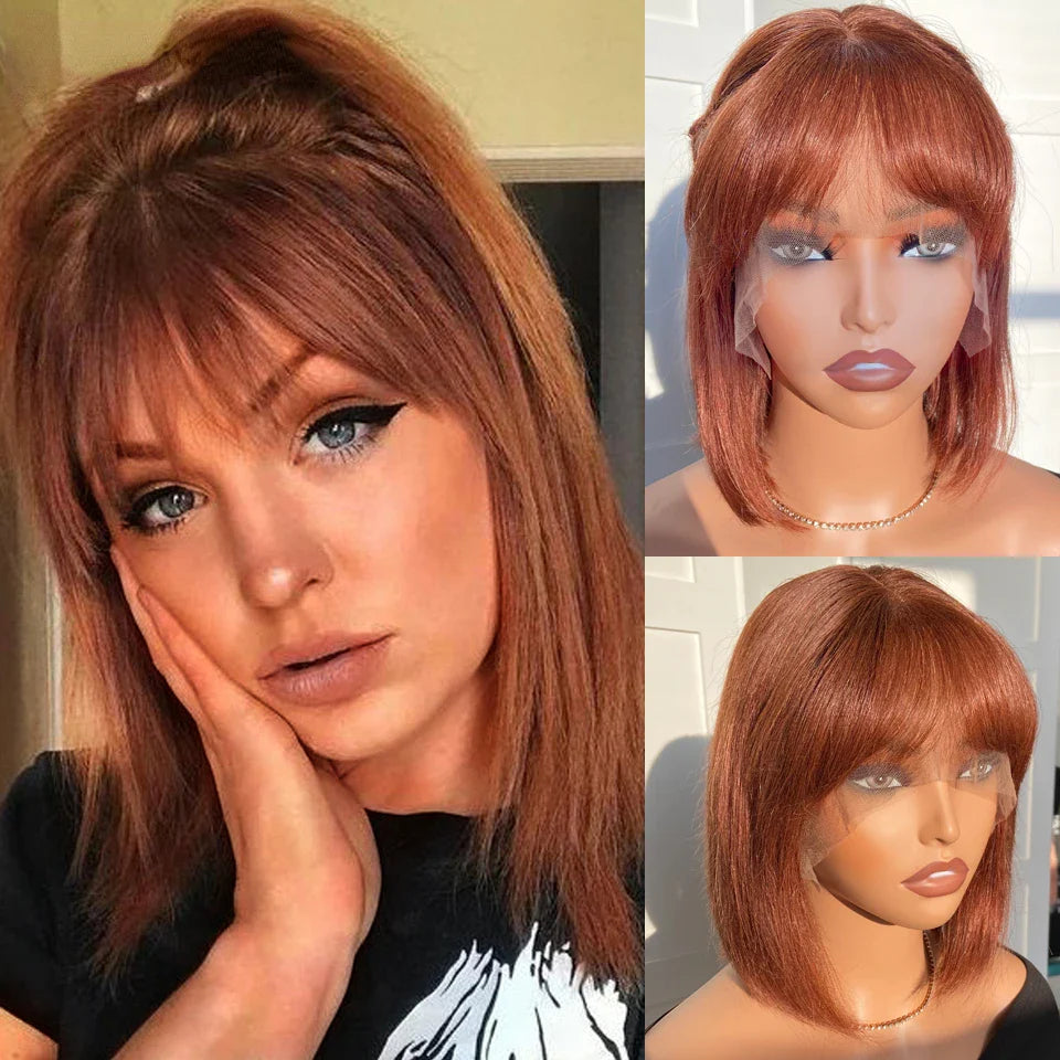 Reddish Brown Bob Wig | Straight Human Hair Lace Front with Bangs
