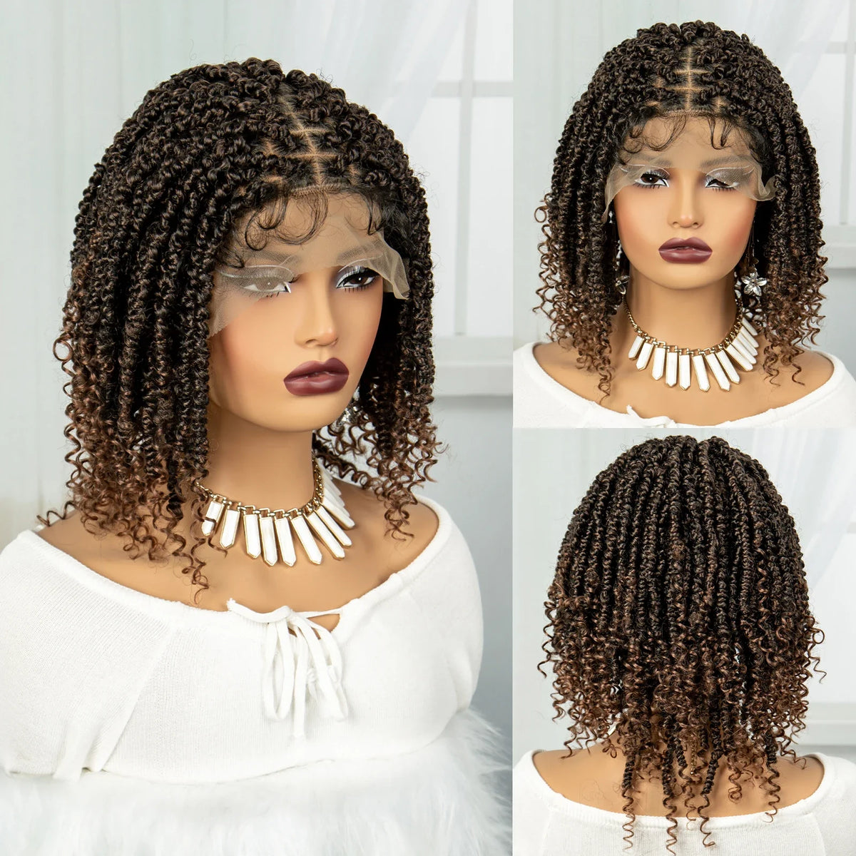 Knotless Box Braided Bob Wig with Curly Ends | Short Twist Braids | Synthetic Lace Front Wig | Handmade for Black Women
