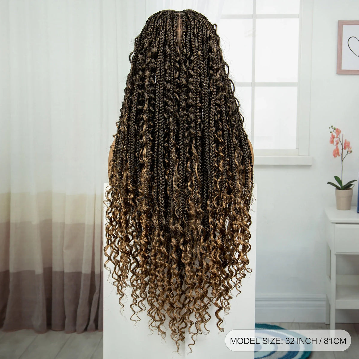 Burgundy Knotless Box Braids Wig with Curly Ends | Full Lace Handmade