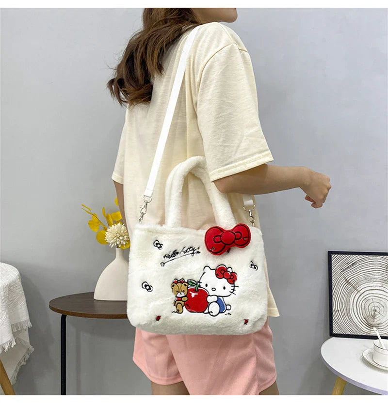 Kawaii Hello Kitty Plush Shoulder Bag | My Melody Cinnamoroll Kuromi Cute Cartoon Anime Handbag (Soft Storage Bag for Women & Girls)