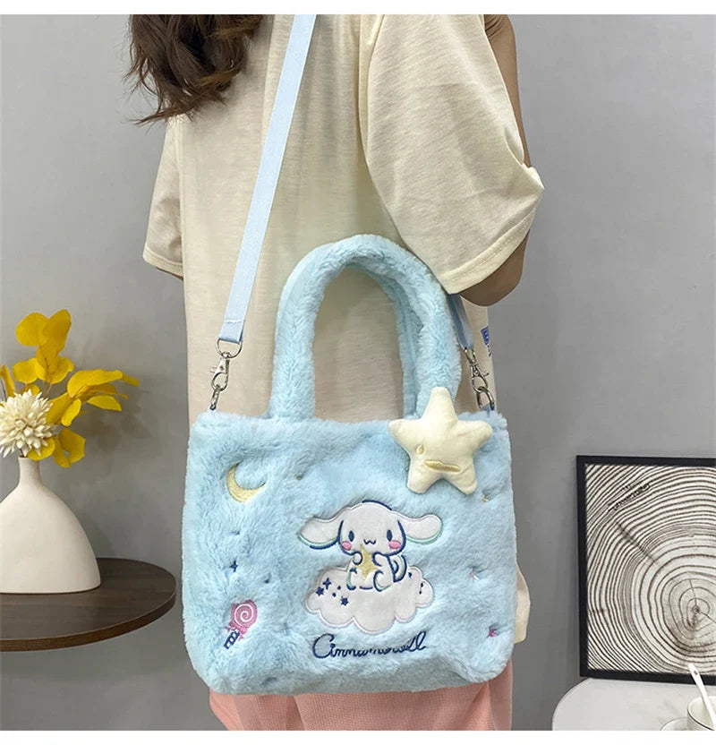 Kawaii Hello Kitty Plush Shoulder Bag | My Melody Cinnamoroll Kuromi Cute Cartoon Anime Handbag (Soft Storage Bag for Women & Girls)