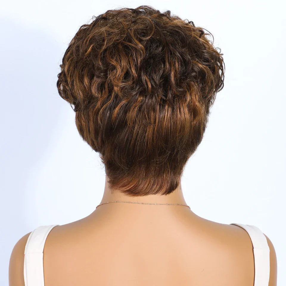 Rebecca Mixed Brown Pixie Cut Wig | Curly Side Part Brazilian Human Hair